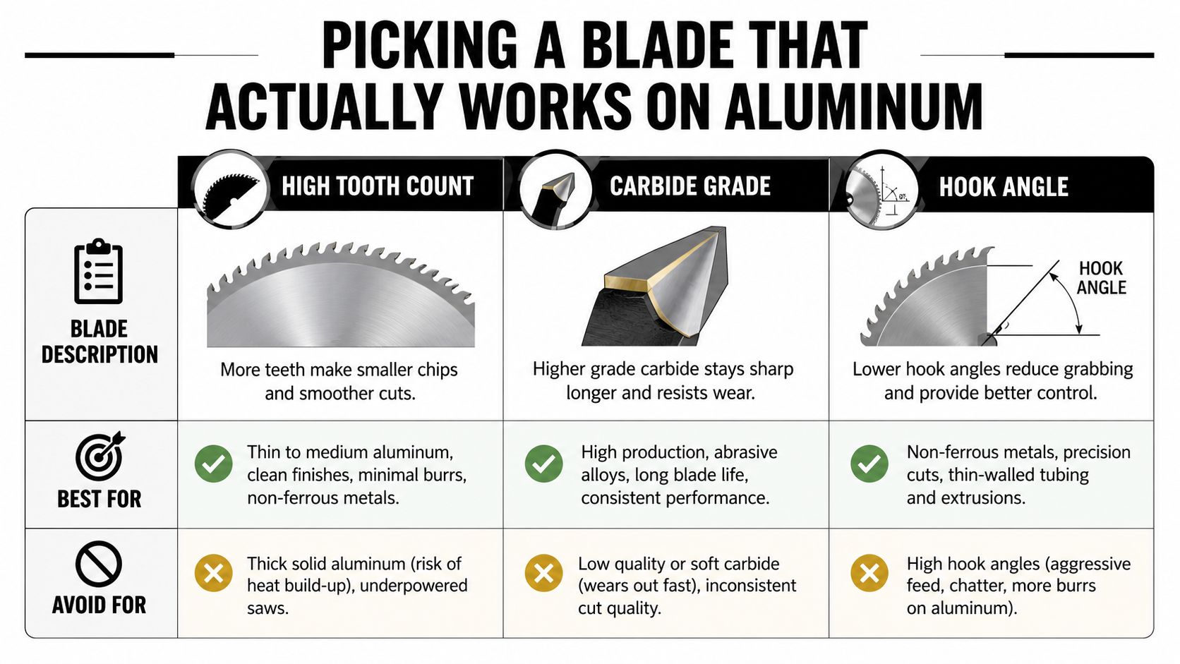 A chart illustrating how to choose the right saw blade for cutting aluminum, highlighting tooth count, carbide, and angle.