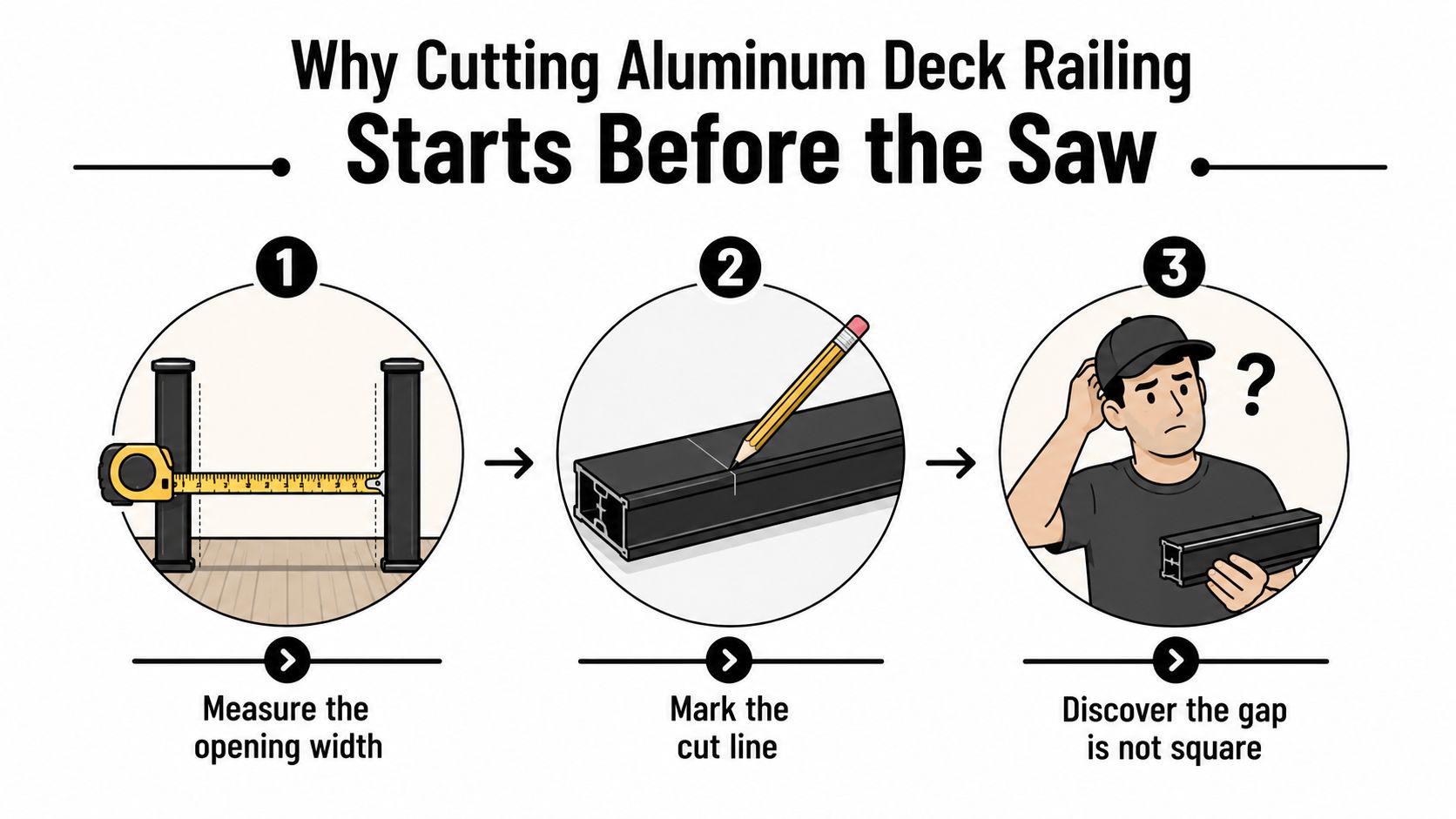 An infographic showing steps for measuring, marking, and identifying non-square gaps for aluminum deck railing installation.