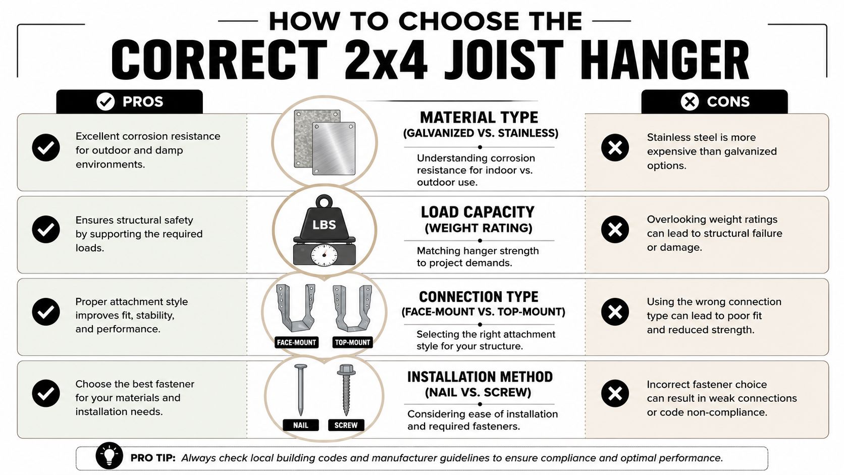 A helpful infographic outlining key factors to consider when selecting the correct 2x4 joist hangers for construction.