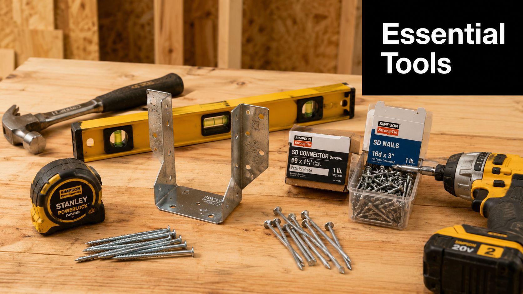 An array of essential framing construction tools including joist hangers, nails, screws, hammer, level, and power drill.