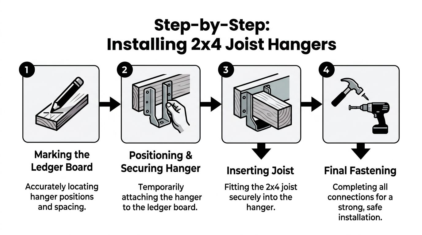 A step-by-step infographic illustrating the four stages of installing 2x4 joist hangers on a ledger board.