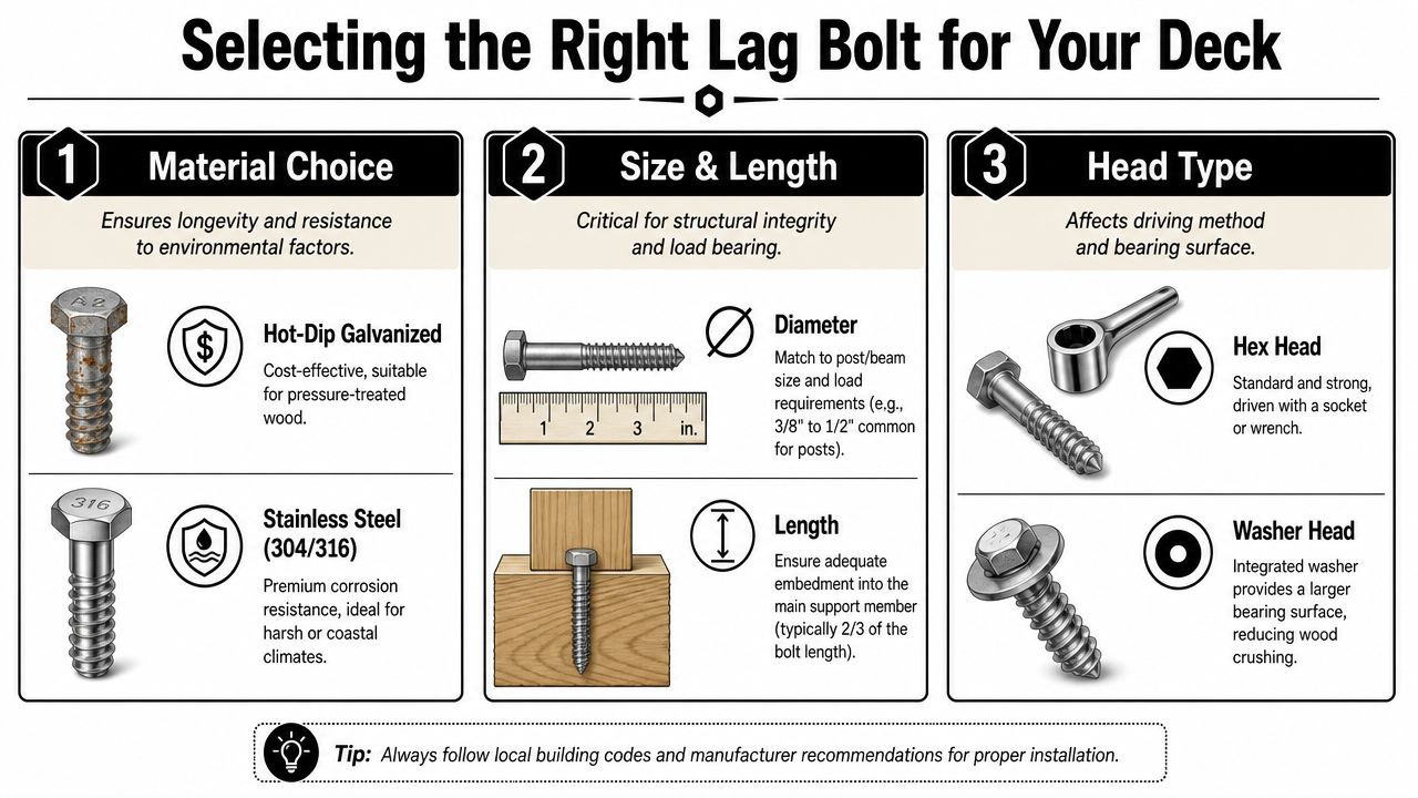An infographic guide explaining how to select the right lag bolts for deck construction projects.