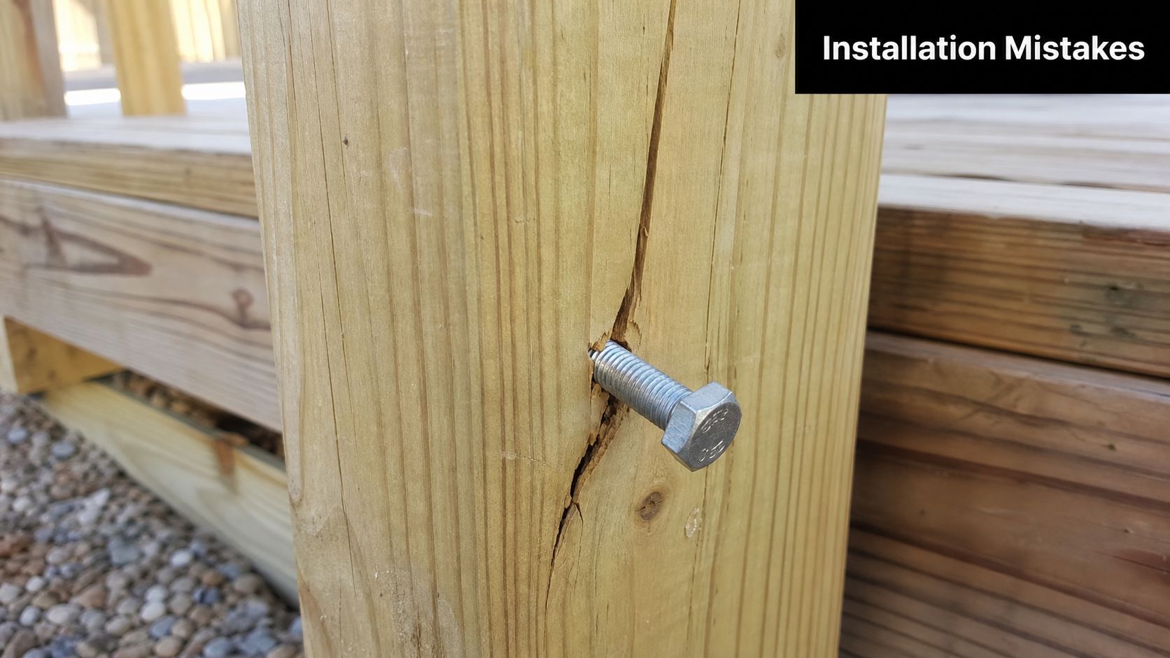 A split wooden deck post showing a failed installation due to a incorrectly driven lag bolt.