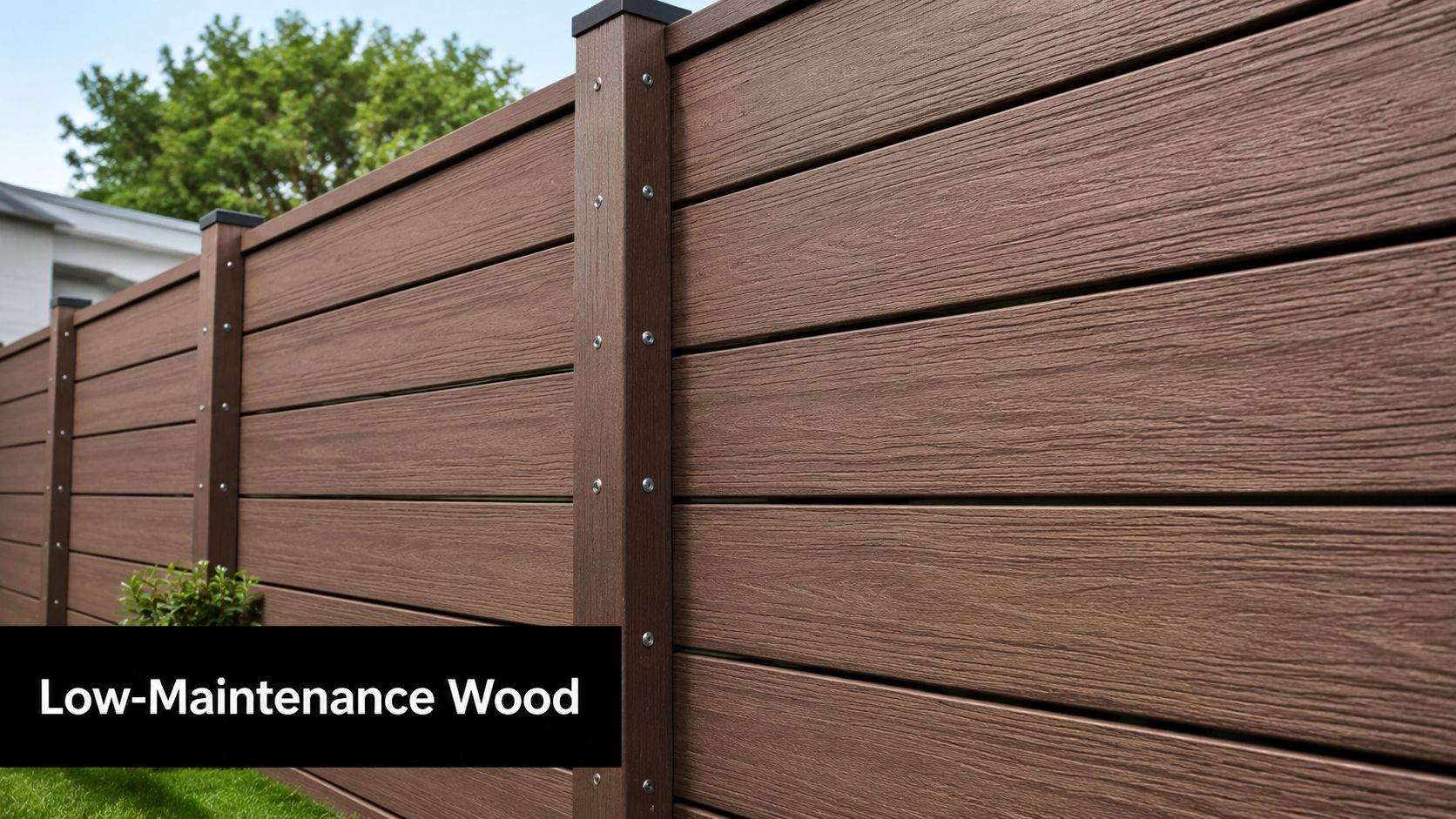 A durable composite material fence in a brown wood grain texture installed as a low-maintenance outdoor boundary.