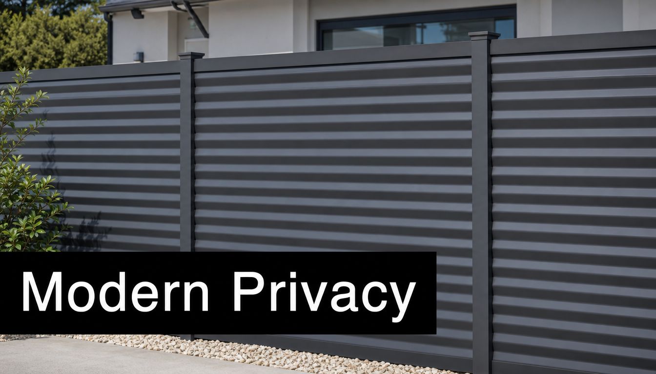 A modern grey corrugated metal privacy fence installed along a residential property with light-colored pebbles.