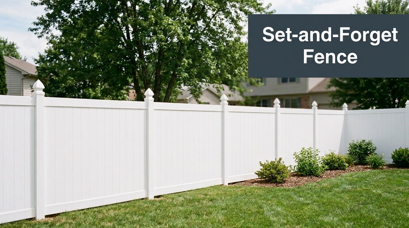 A clean white vinyl fence installed in a grassy backyard, illustrating a low maintenance fencing solution.