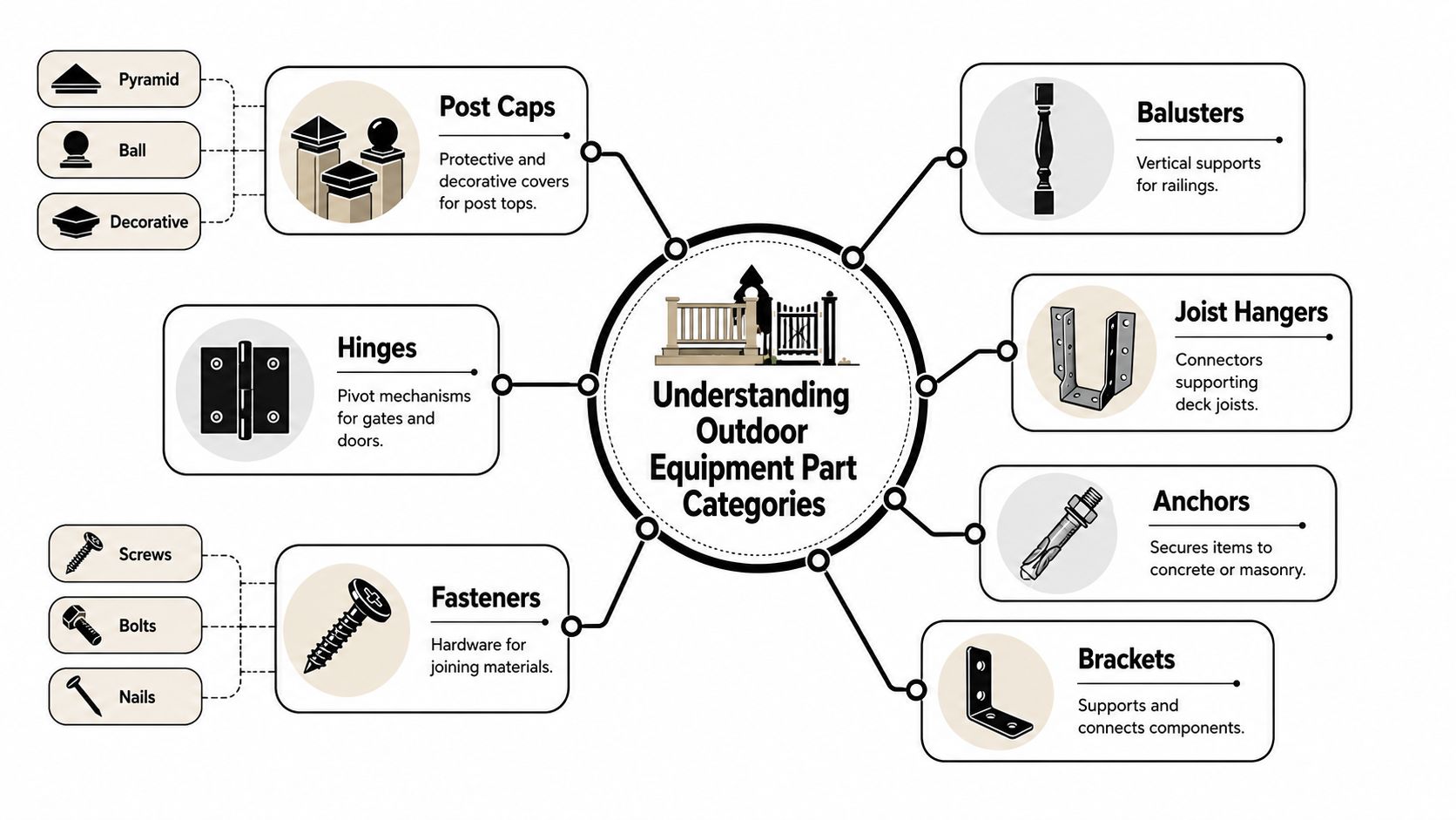 A diagram illustrating different categories of outdoor equipment parts including fasteners, post caps, hinges, and deck hardware.