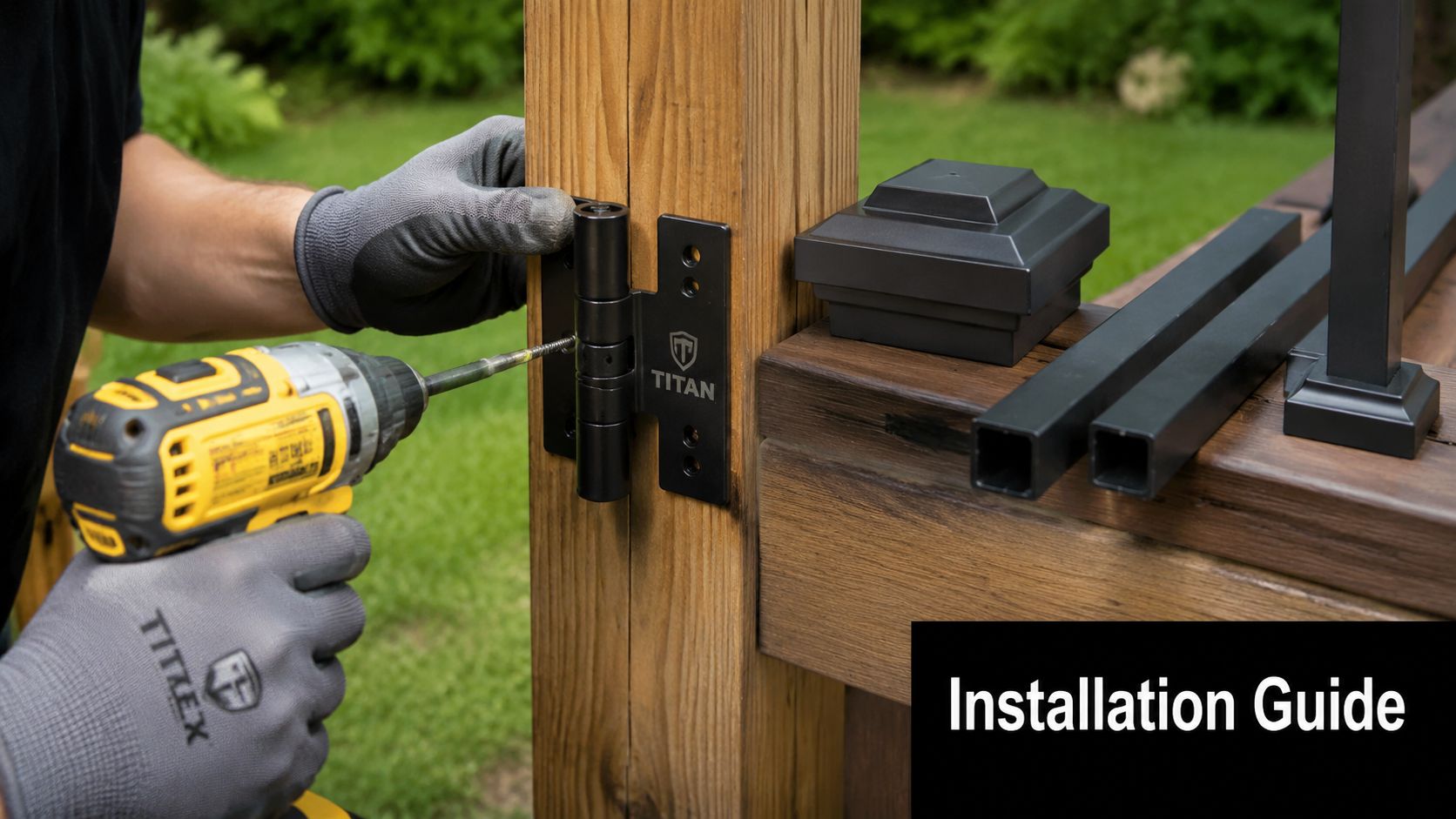 A construction worker installing a black metal hinge onto a wooden deck post with a power drill.