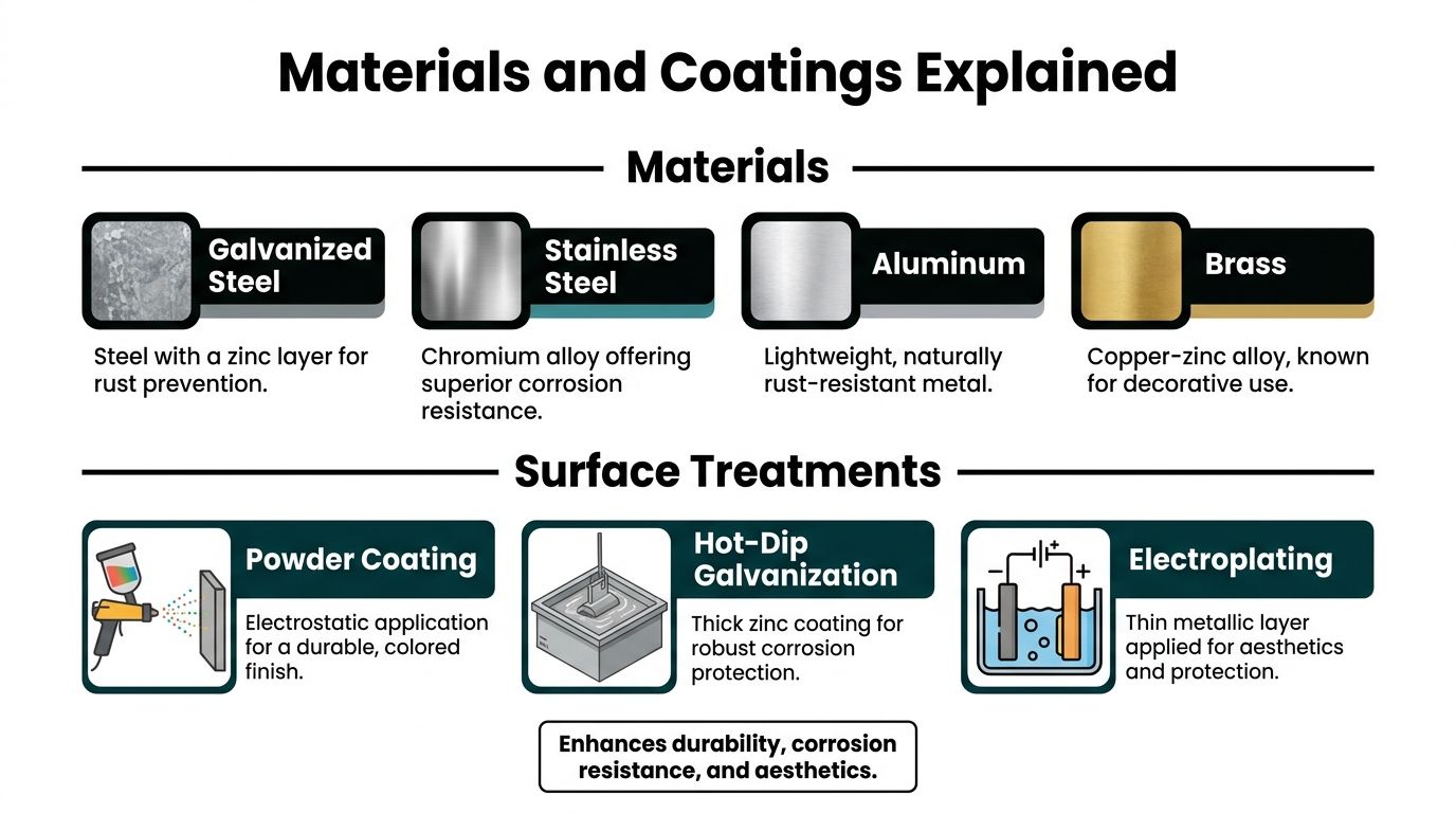An infographic displaying common industrial materials and surface treatments used to enhance durability and corrosion resistance.