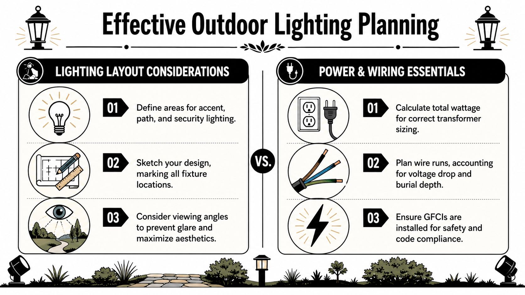 An infographic detailing the essential steps for planning effective outdoor lighting, including design and wiring considerations.