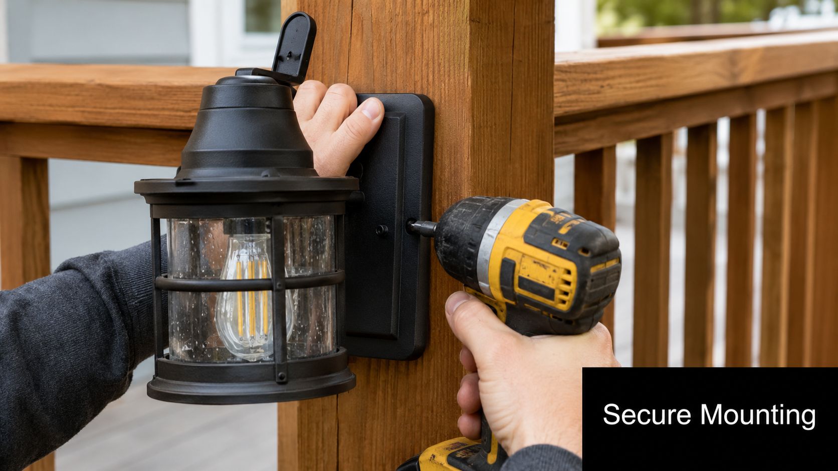 A person using a cordless drill to secure an outdoor wall light fixture onto a wooden post.