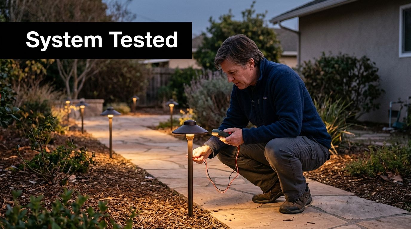 A technician testing low-voltage landscape pathway lights in a residential garden at dusk.