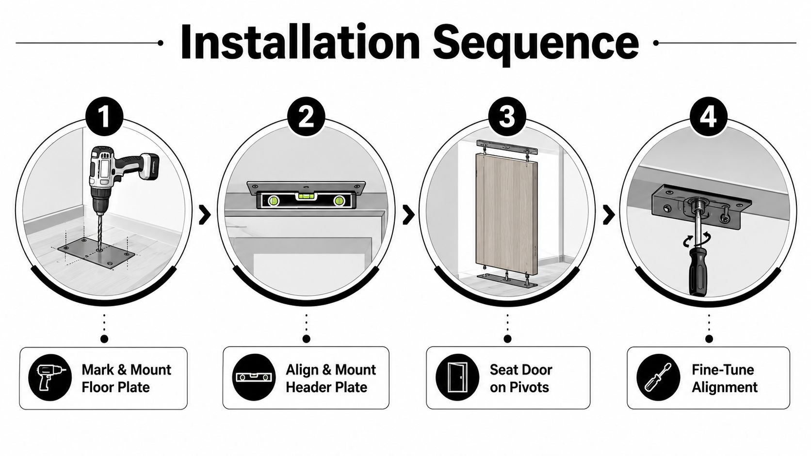 A four-step instructional diagram illustrating how to install a pivot door hinge system in a doorway.