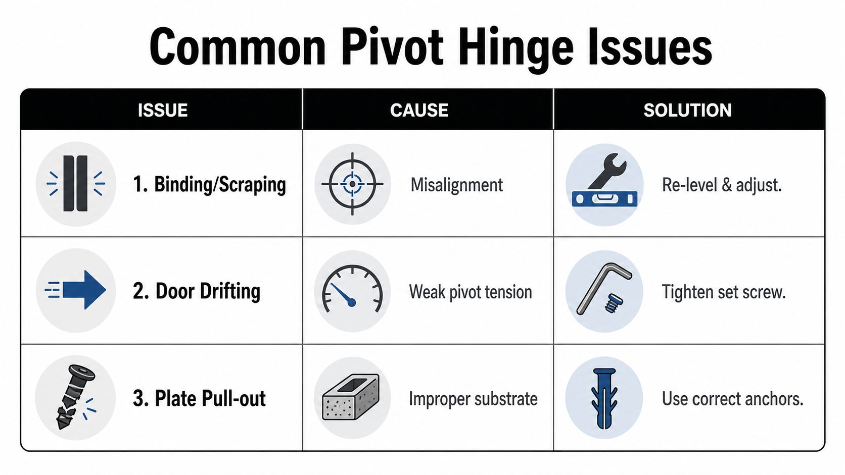 A table outlining common pivot hinge issues, including binding, door drifting, and plate pull-out with solutions.