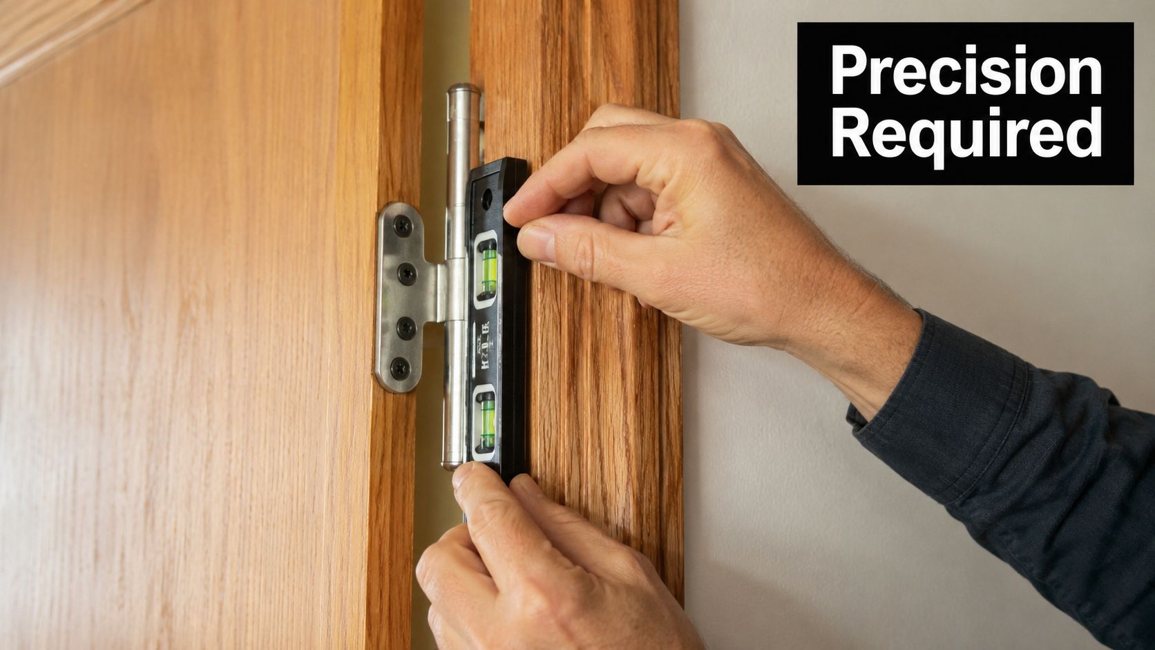A person uses a bubble level to check the vertical alignment of a door pivot hinge installation.