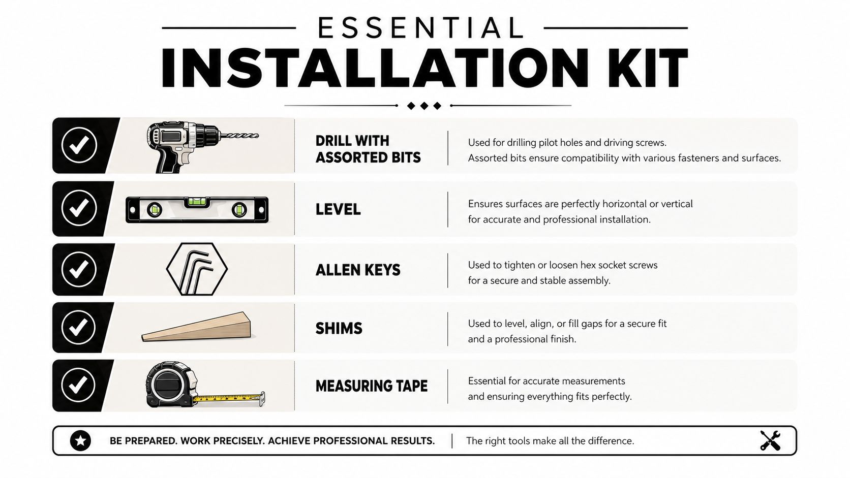 A list of essential installation tools including a drill, level, allen keys, shims, and measuring tape.