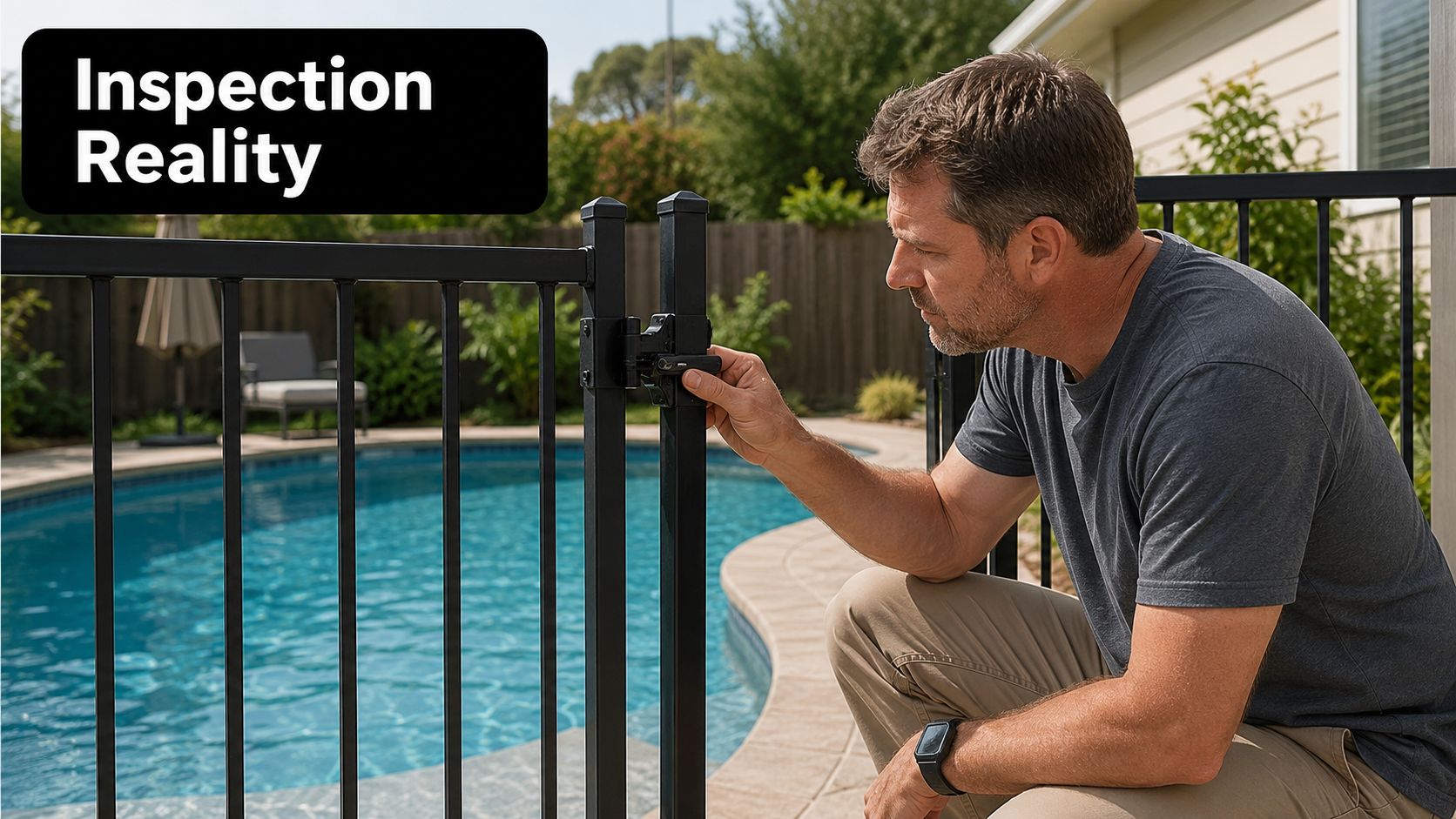 A man inspecting a black metal pool safety fence latch during a home maintenance check.