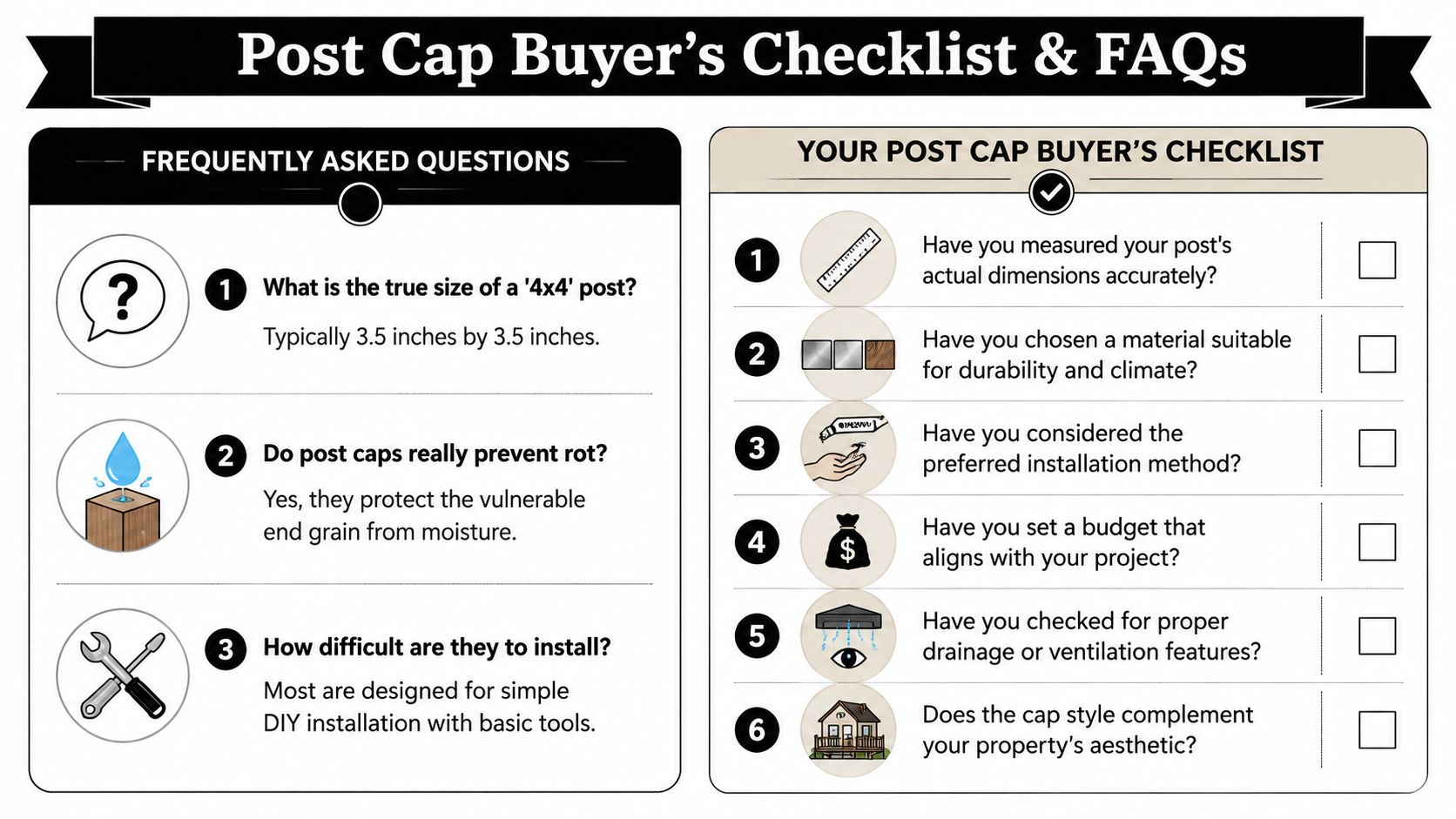 A helpful infographic outlining a post cap buyer's checklist and frequently asked questions for fence post maintenance.