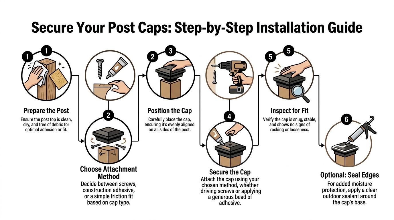 A six-step instructional guide showing how to properly clean, attach, and seal outdoor fence post caps.