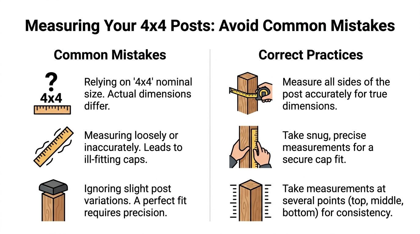An infographic illustrating how to correctly measure 4x4 posts to avoid common sizing mistakes for post caps.