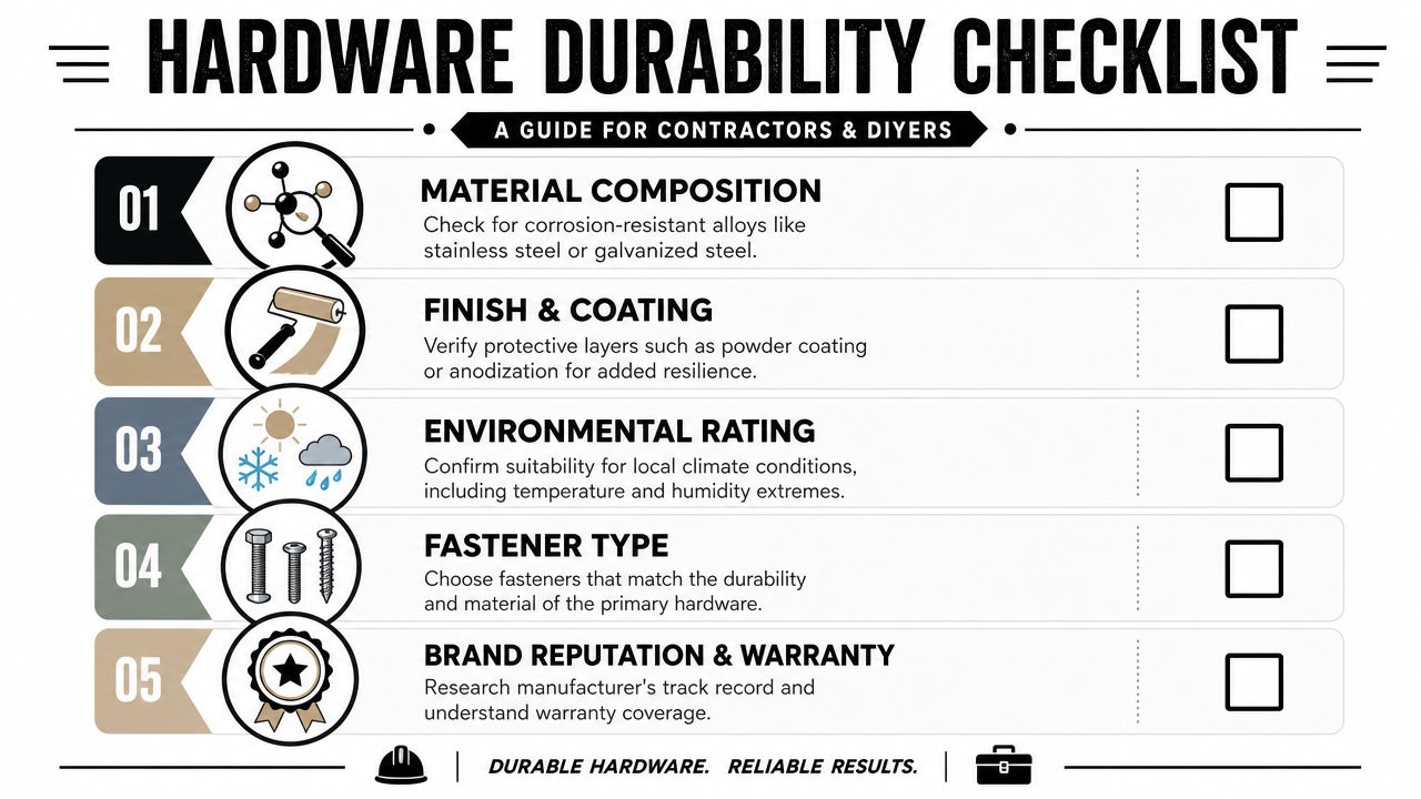 A checklist infographic titled Hardware Durability Checklist for contractors and DIYers to ensure project hardware quality.