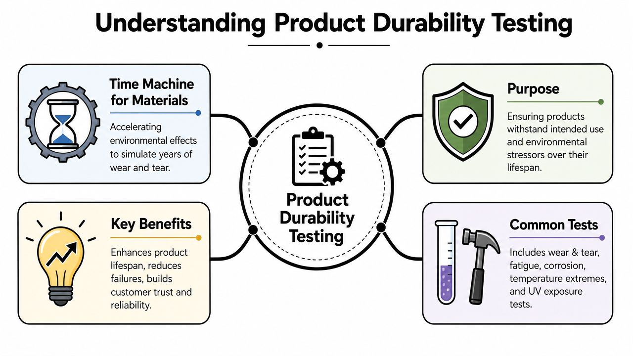 A diagram explaining product durability testing with sections for purpose, benefits, and common test methods.