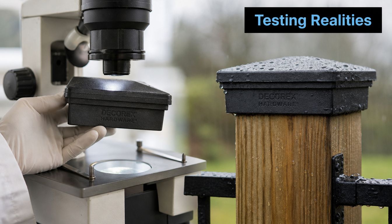 A gloved hand holds a black post cap under a microscope, with another cap on a post.