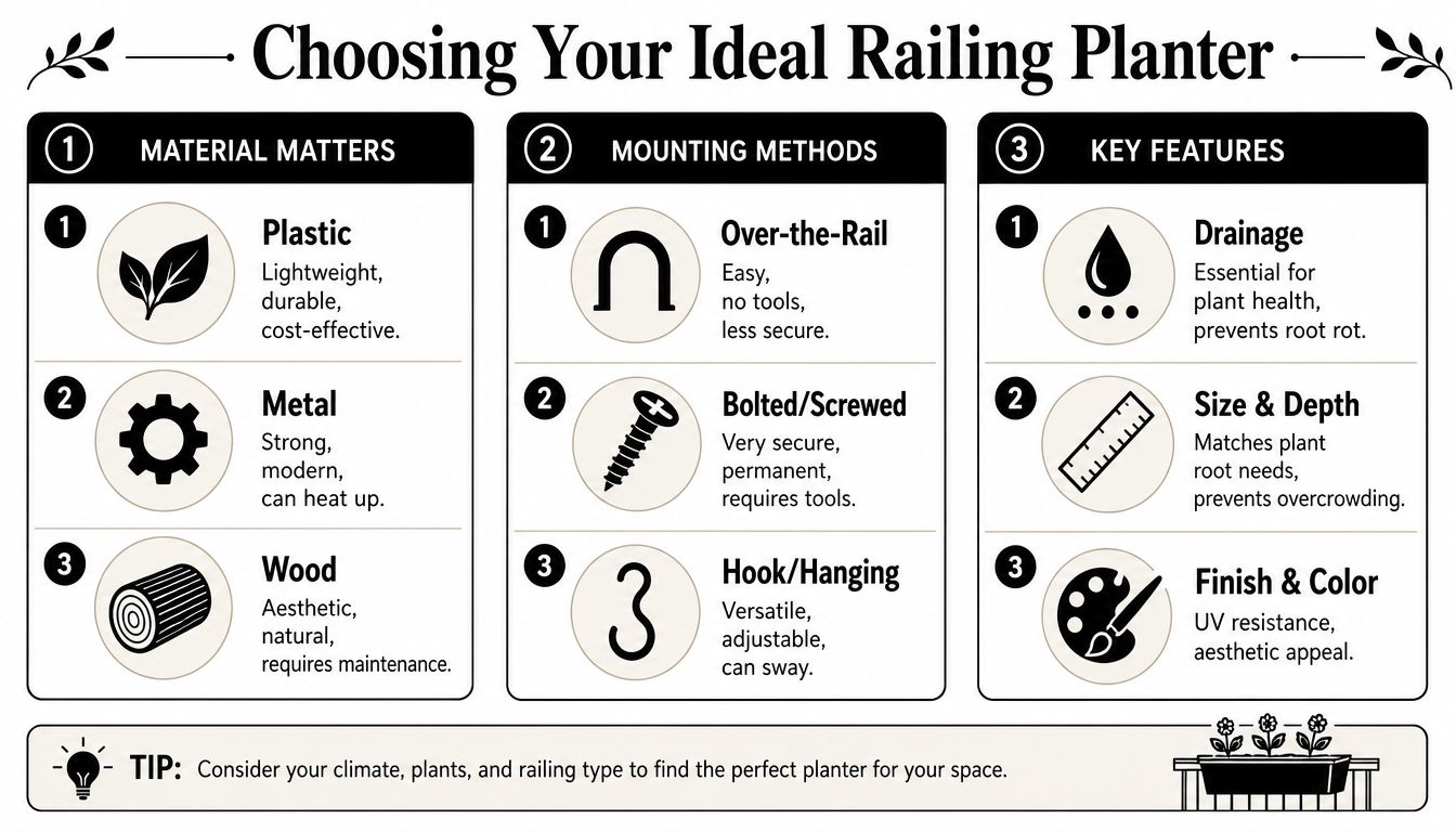 An infographic titled Choosing Your Ideal Railing Planter listing materials, mounting methods, and key features for planters.