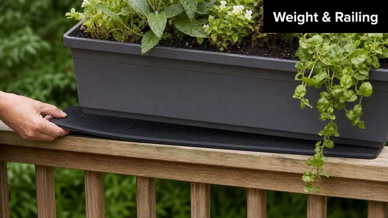 A hand places a long rectangular anti-slip mat on a wooden railing to stabilize a planter box.