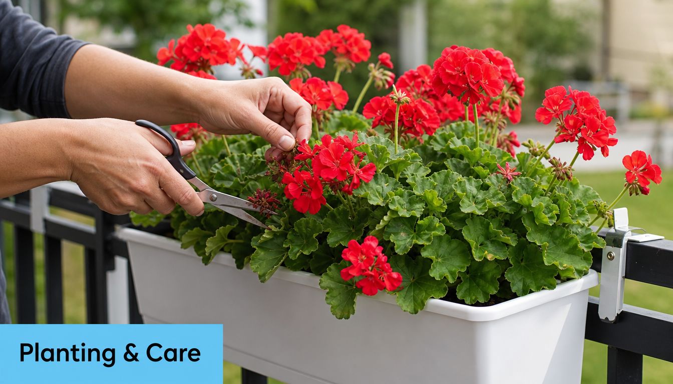 A person pruning vibrant red geranium flowers in a white planter box mounted on a deck railing.