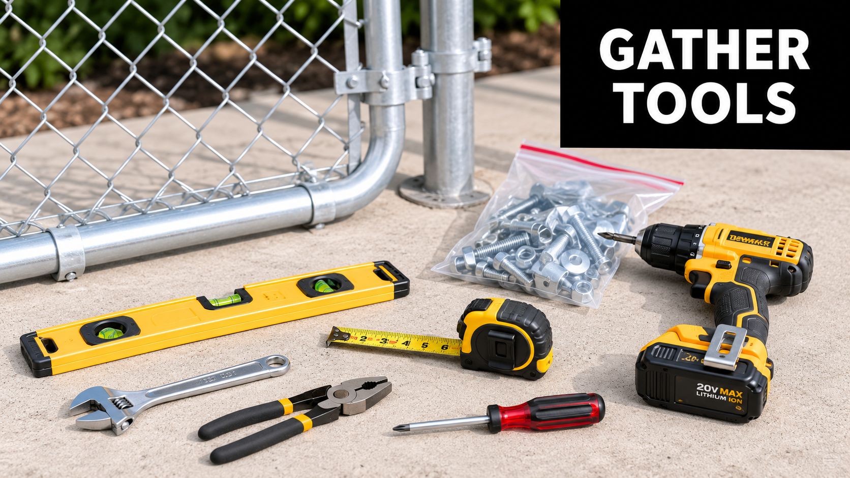 A collection of construction tools including a power drill, tape measure, level, wrench, and screws on a concrete surface.