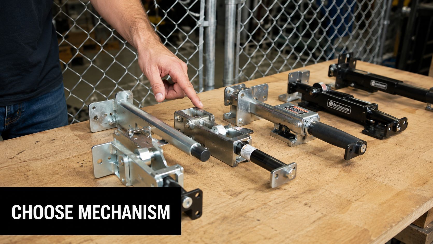 A hand pointing to different industrial gate latch mechanisms displayed on a wooden table near a fence.