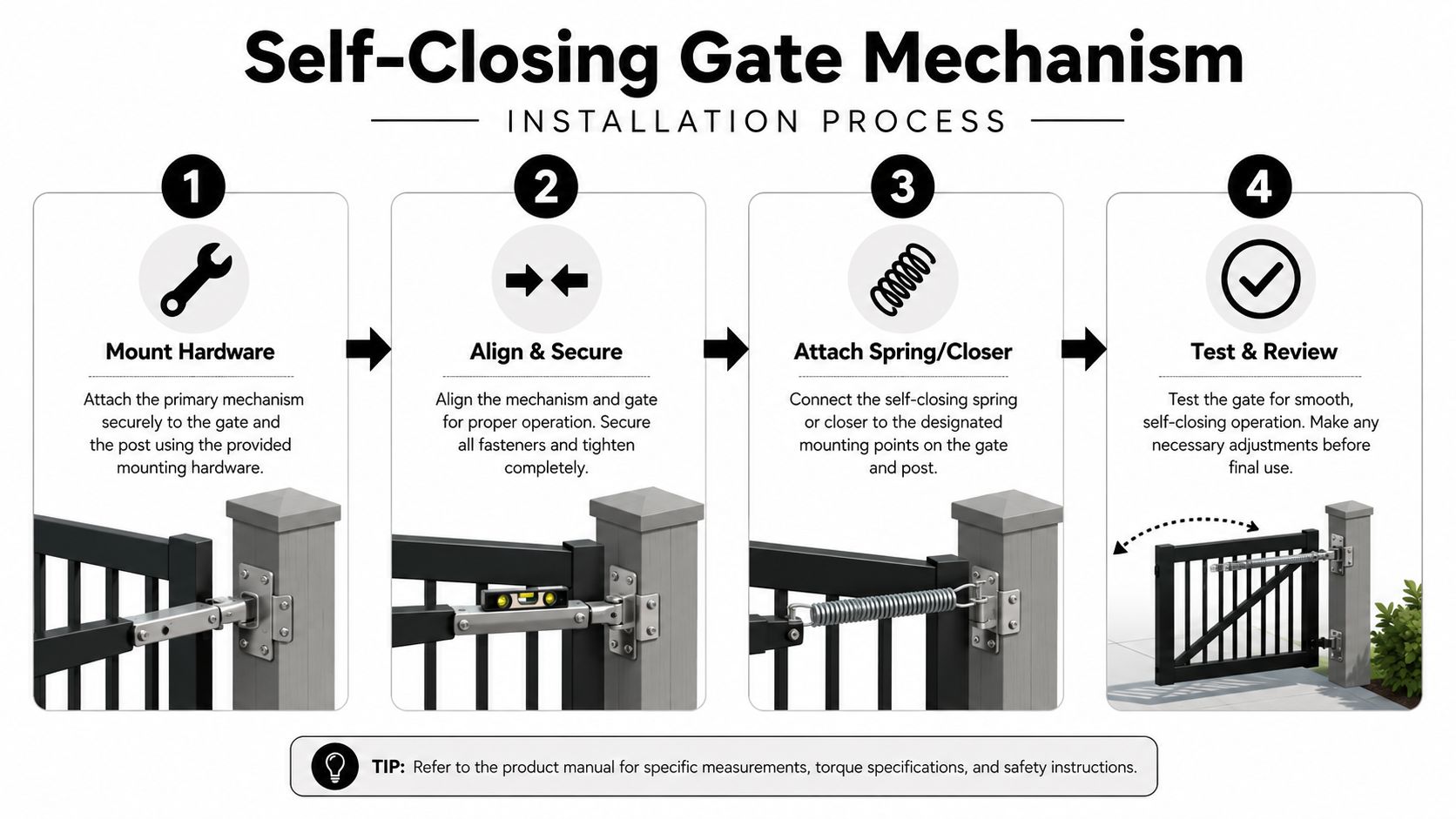 A four-step infographic illustrating the installation process for a self-closing gate mechanism on a fence.