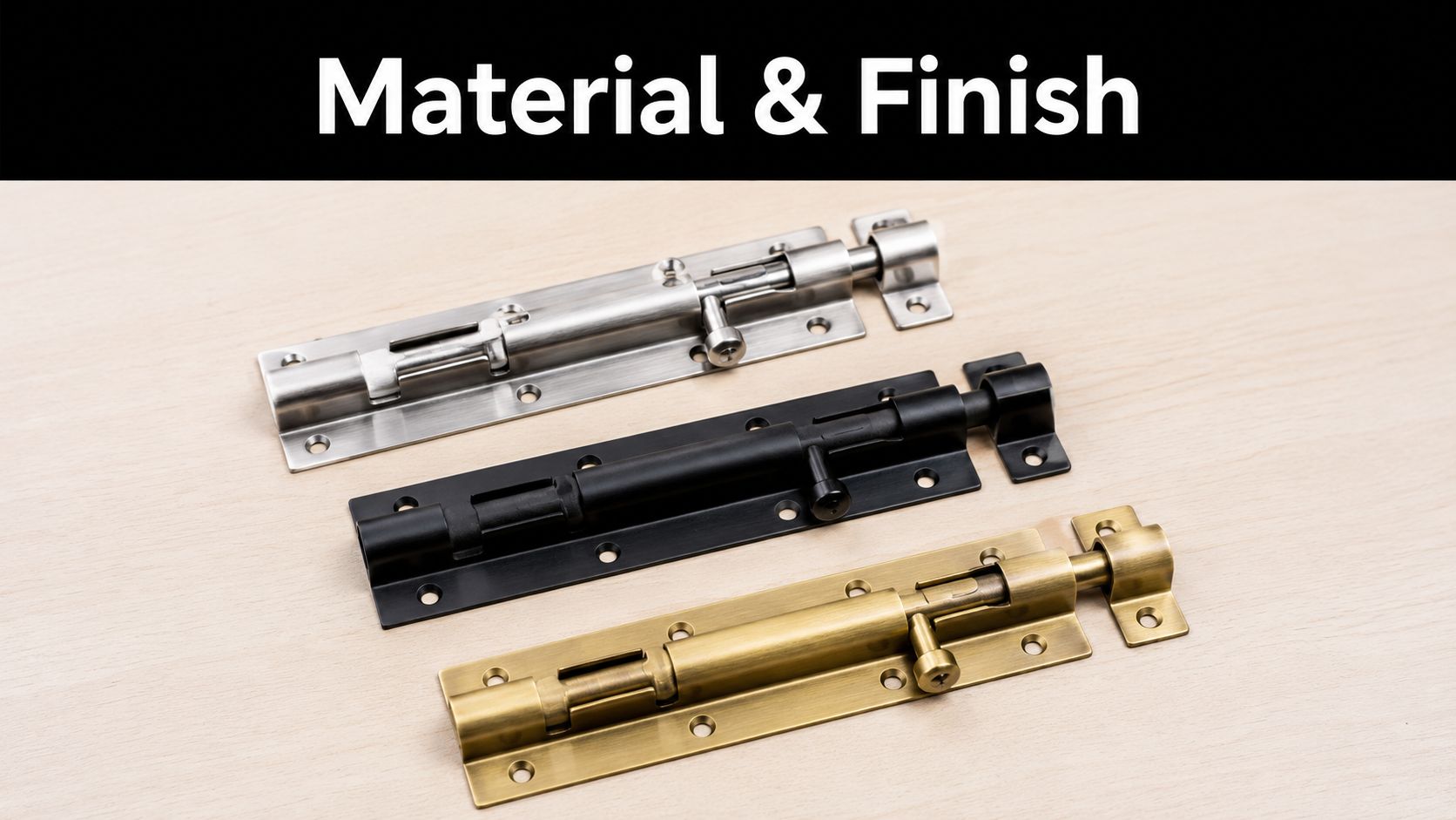 Three different colored metal slide bolt latches arranged diagonally on a light wooden background surface.