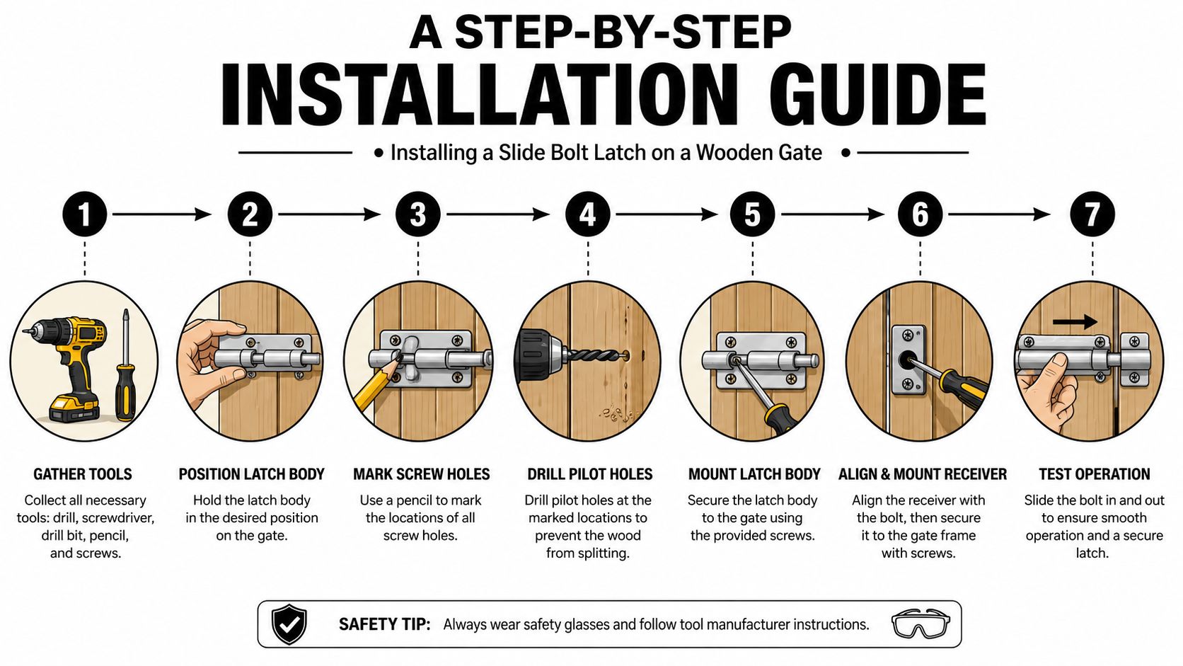 A seven-step instructional infographic showing how to install a slide bolt latch on a wooden gate.
