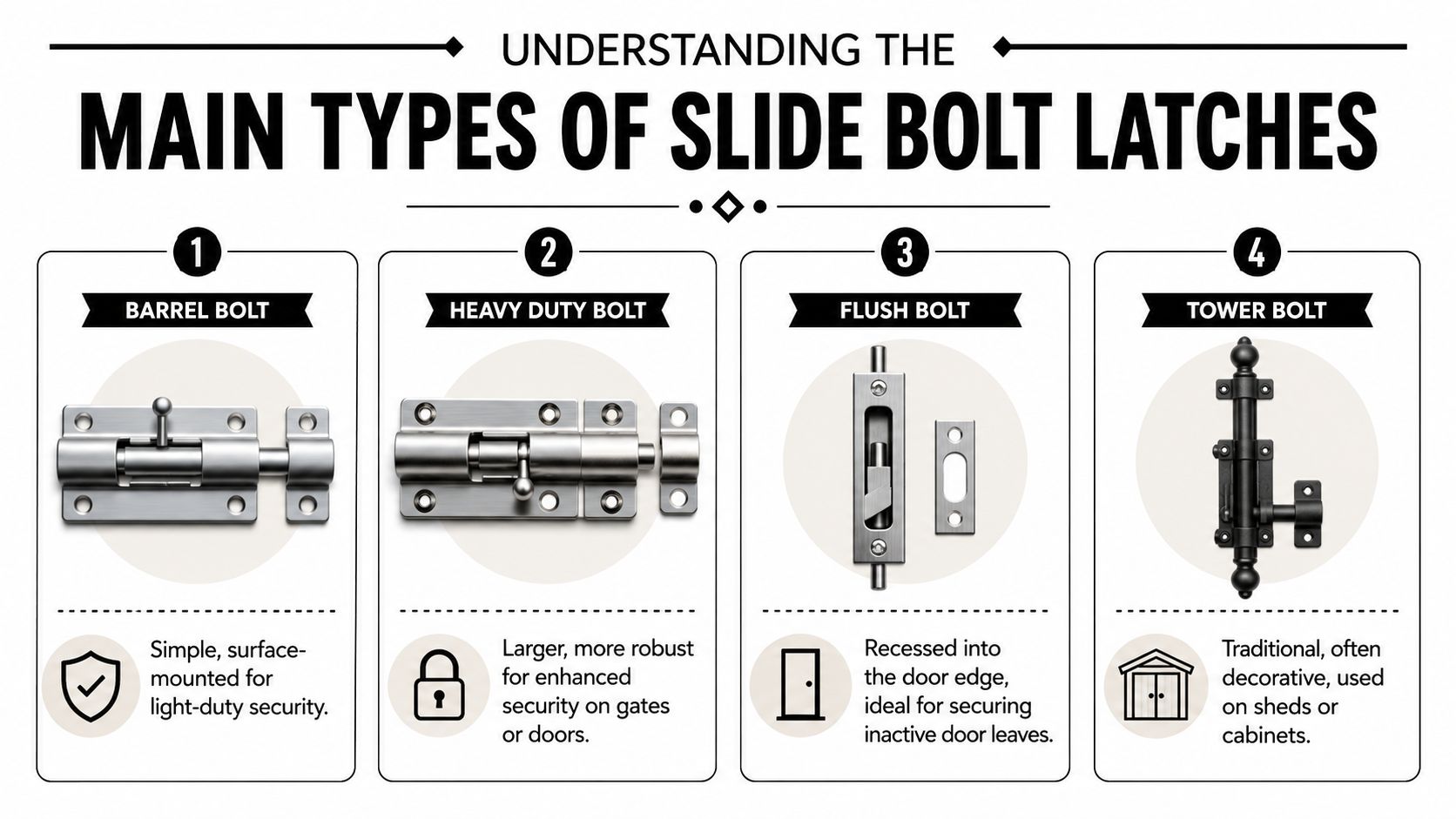 An infographic showing four common types of slide bolt latches including barrel, heavy duty, flush, and tower bolts.