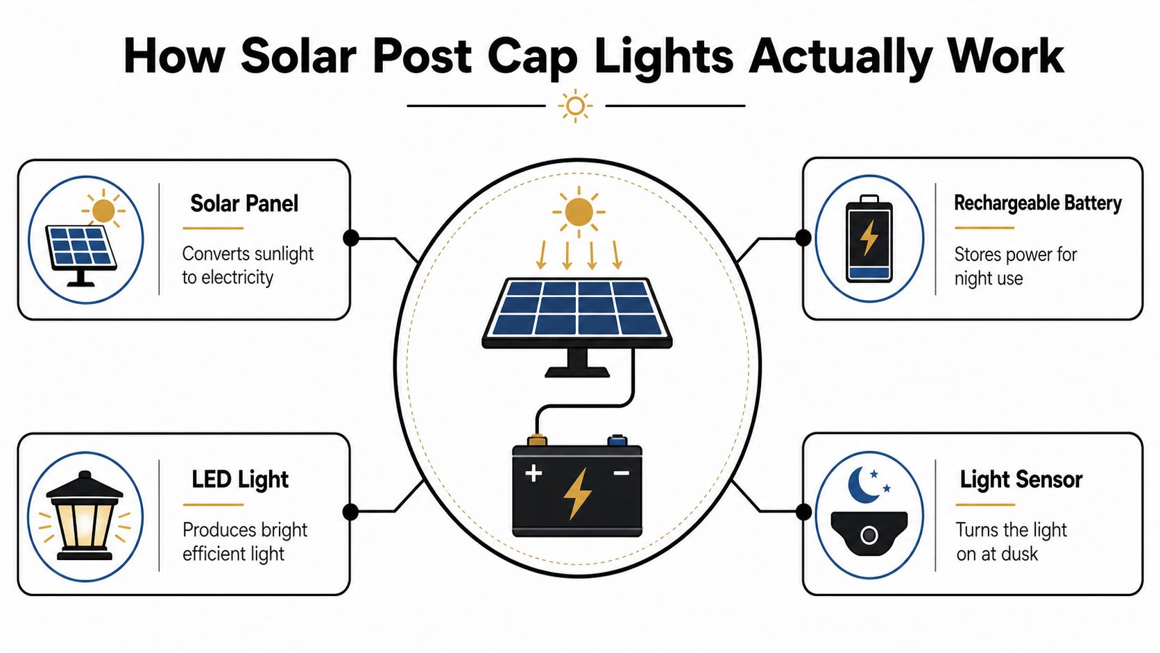A diagram illustrating the four main components of solar post cap lights and how they function.