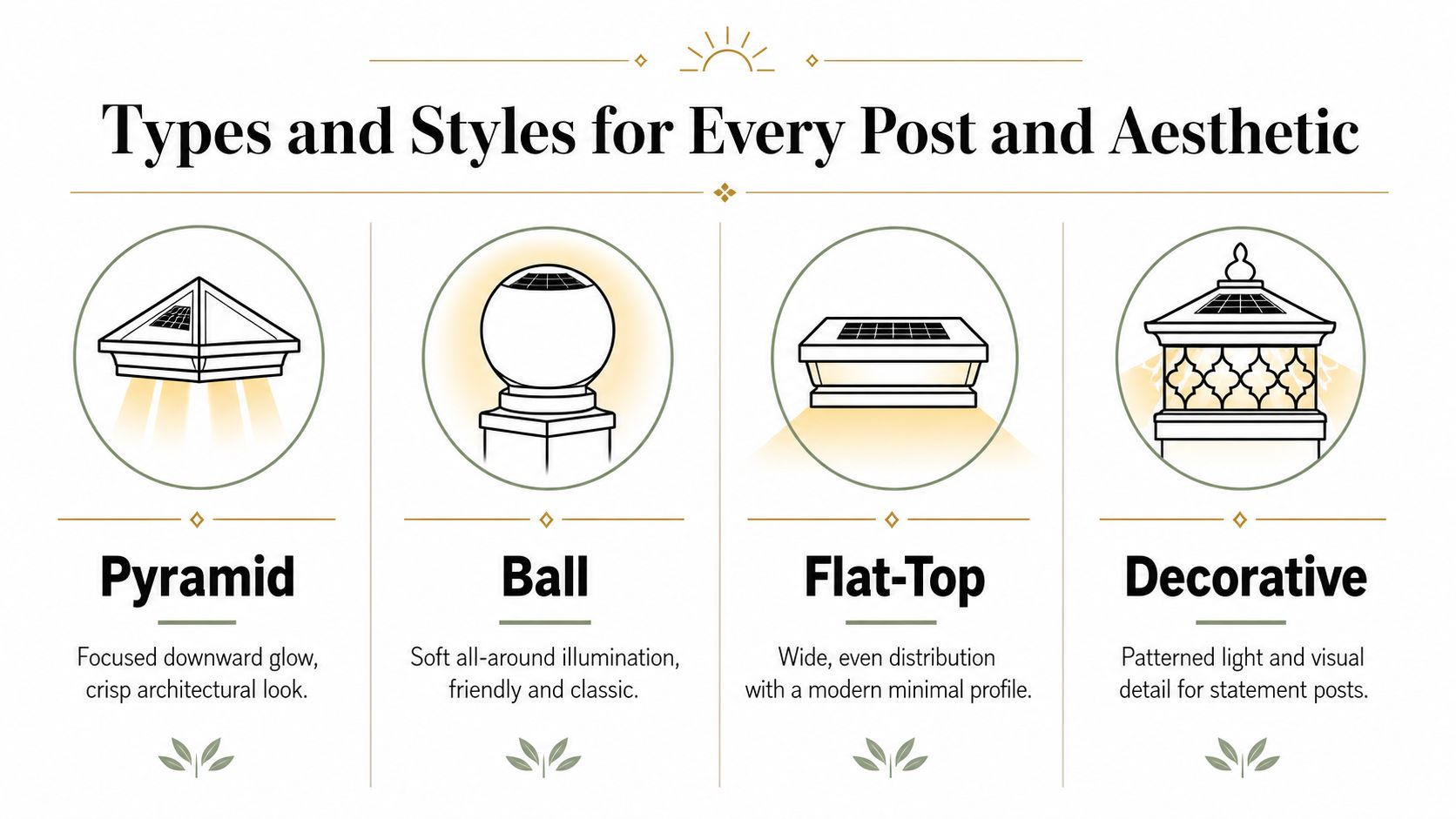 A graphic showing four different styles of solar post cap lights including pyramid, ball, flat-top, and decorative designs.