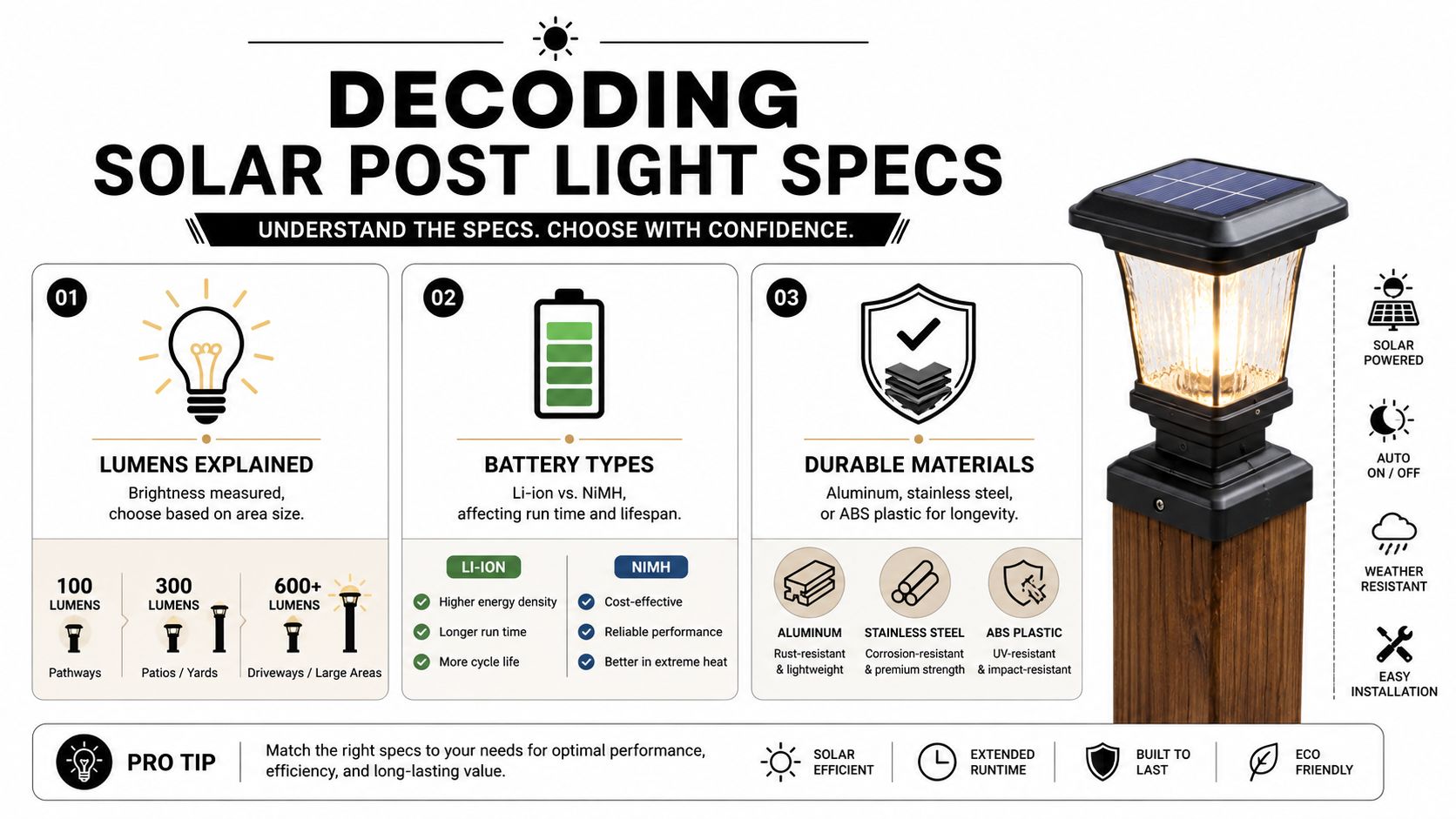 An infographic titled Decoding Solar Post Light Specs explaining lumens, battery types, and durable materials for solar lights.