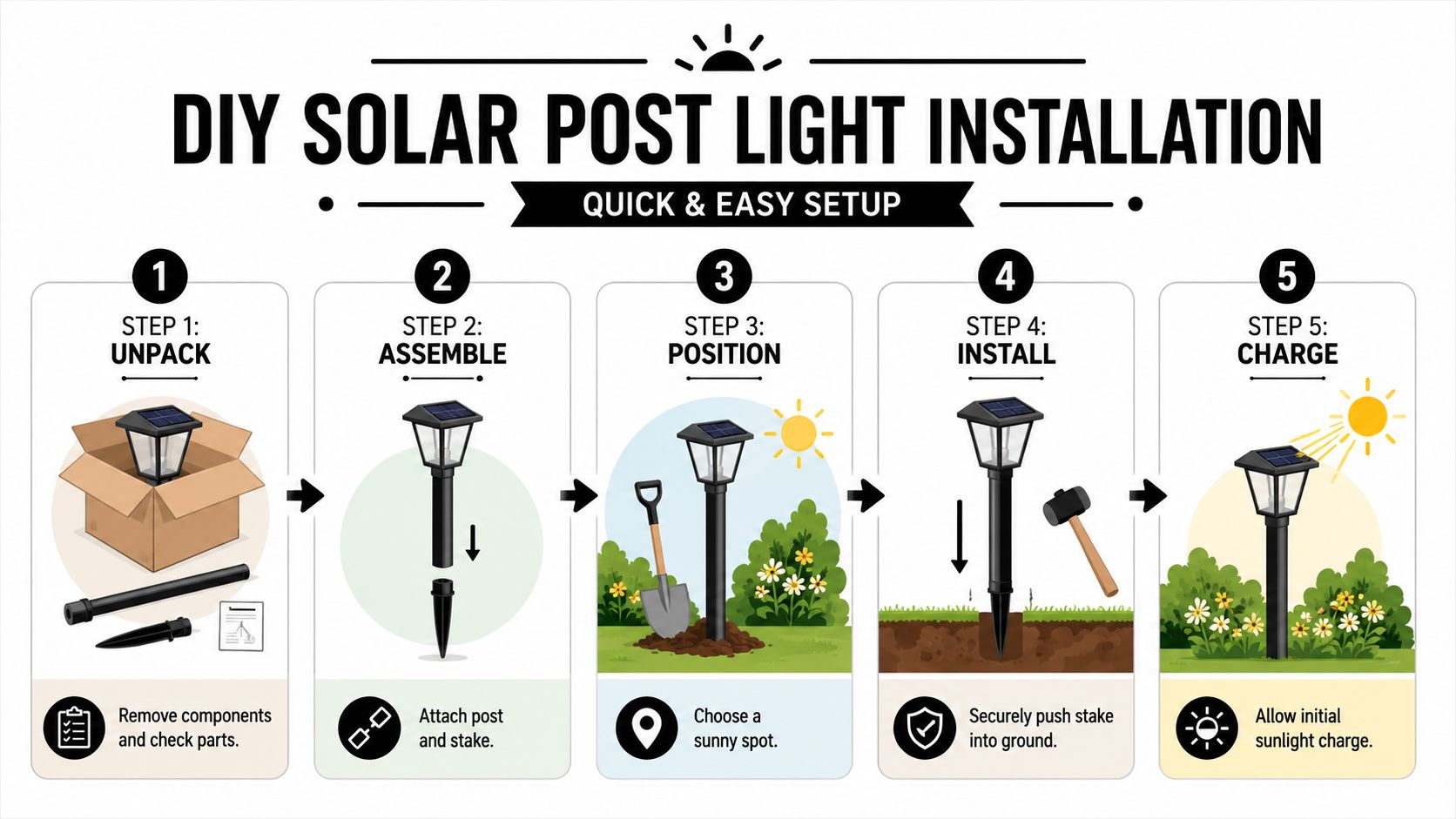 An instructional infographic detailing the five simple steps for installing DIY solar powered post lights outdoors.
