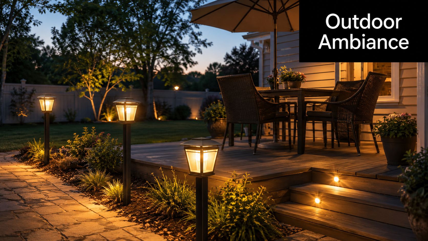 Warm solar powered post lights illuminating a wooden deck and stone patio at dusk with cozy furniture.