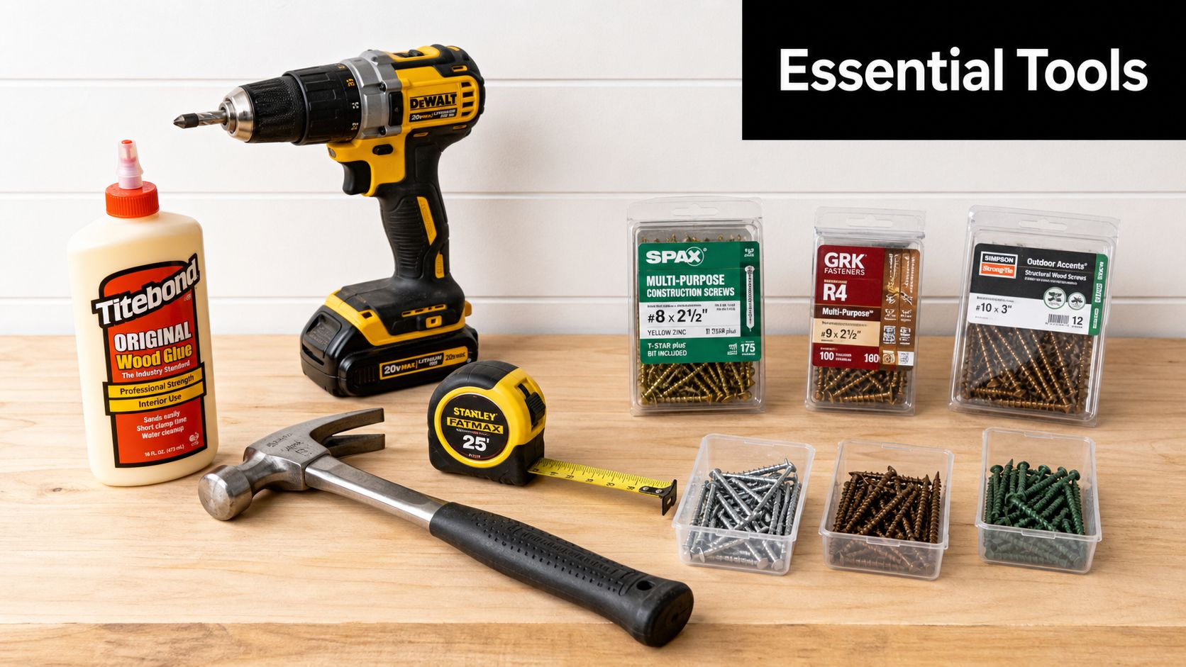 A collection of essential home improvement tools including wood glue, a drill, a tape measure, and various fasteners.