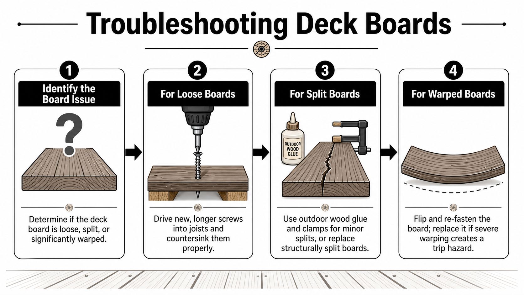 An infographic showing four steps to repair and troubleshoot loose, split, or warped deck boards outdoors.