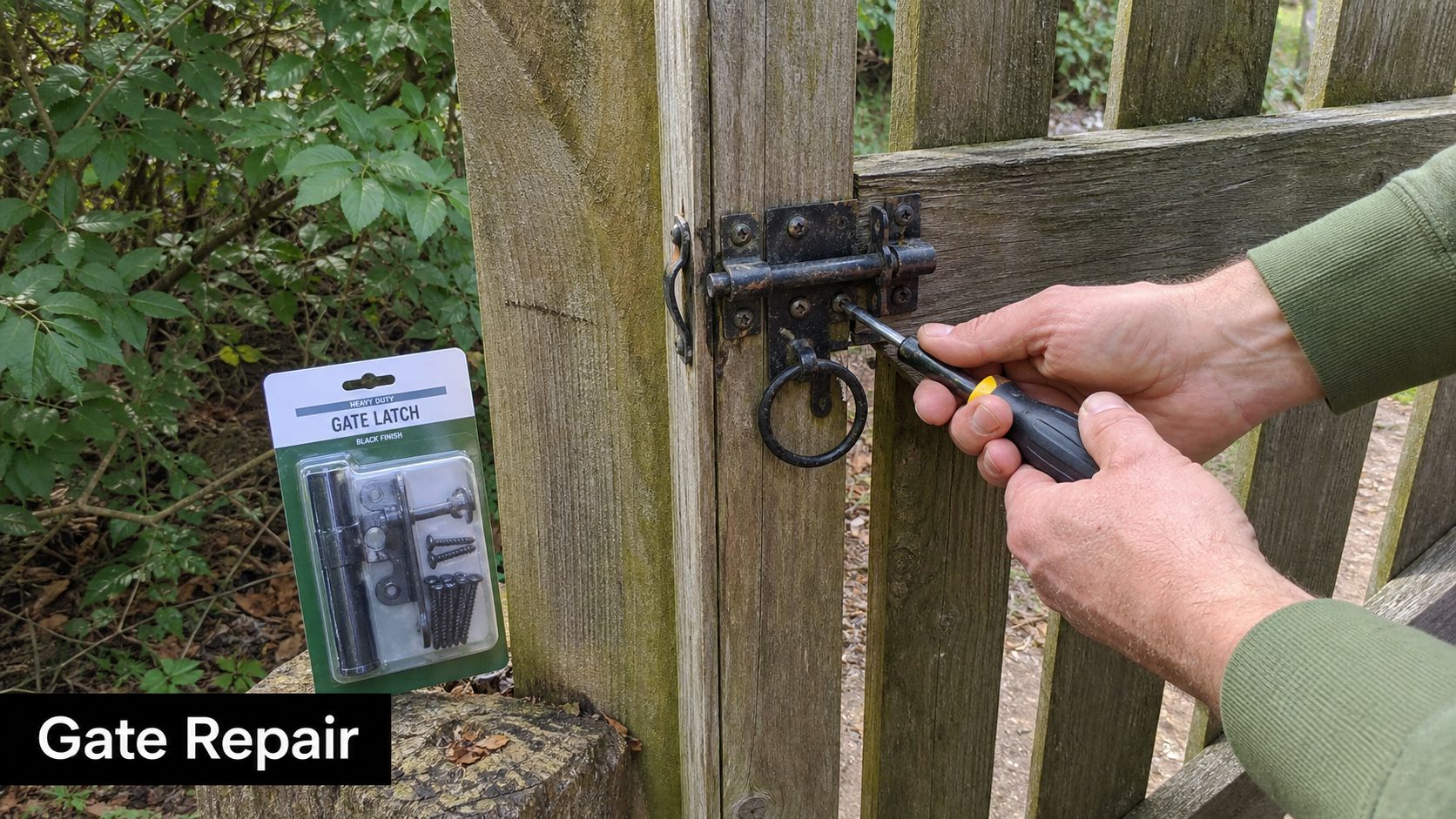 A person using a screwdriver to repair a rusted gate latch on a wooden garden fence.