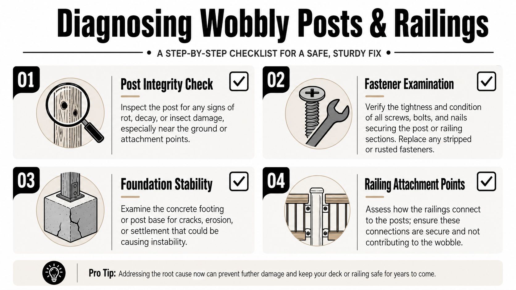 An infographic titled Diagnosing Wobbly Posts and Railings, listing four steps to repair deck stability.