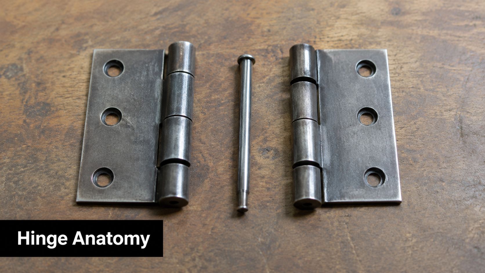 A disassembled heavy-duty metal butt hinge with two leaves and a removable pin on a wooden surface.