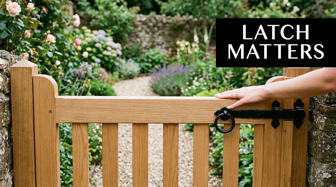 A person's hand resting on a wooden garden gate featuring a traditional black iron ring latch.