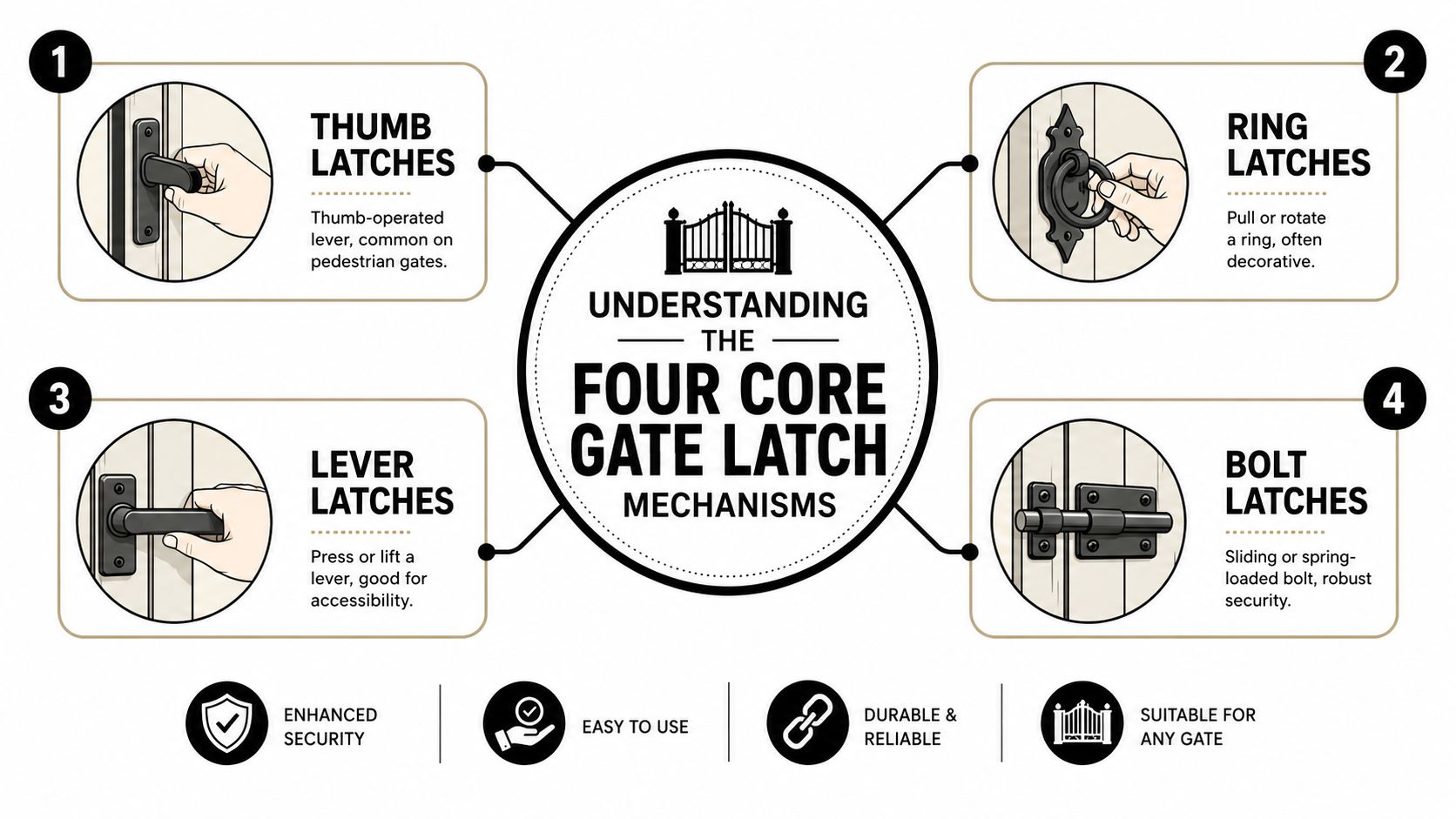 An infographic illustrating four common gate latch mechanisms, including thumb, ring, lever, and bolt latches.