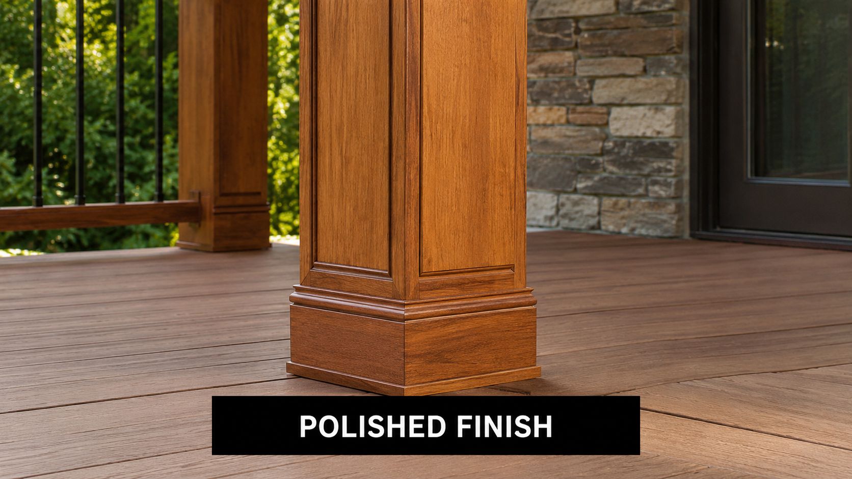 A close-up view of a high-quality decorative wood post wrap on a modern outdoor deck.