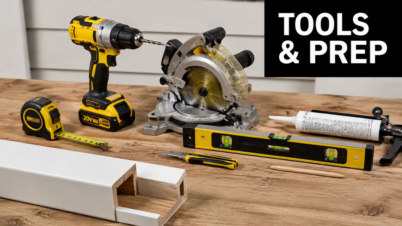 A collection of construction tools and a white wood post wrap on a rustic wooden tabletop surface.